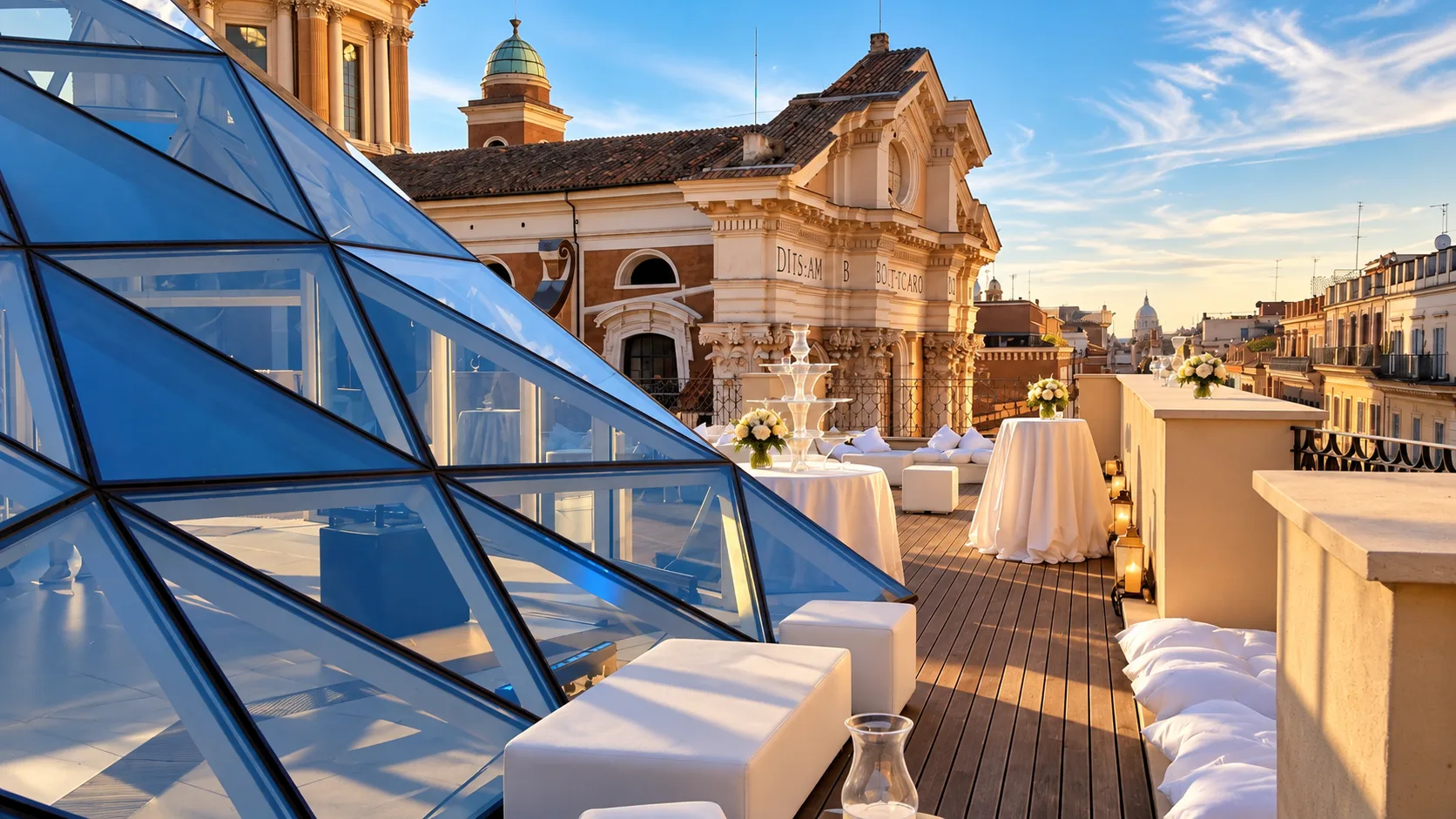 Lounge bianco in terrazza - allestimento Montineri