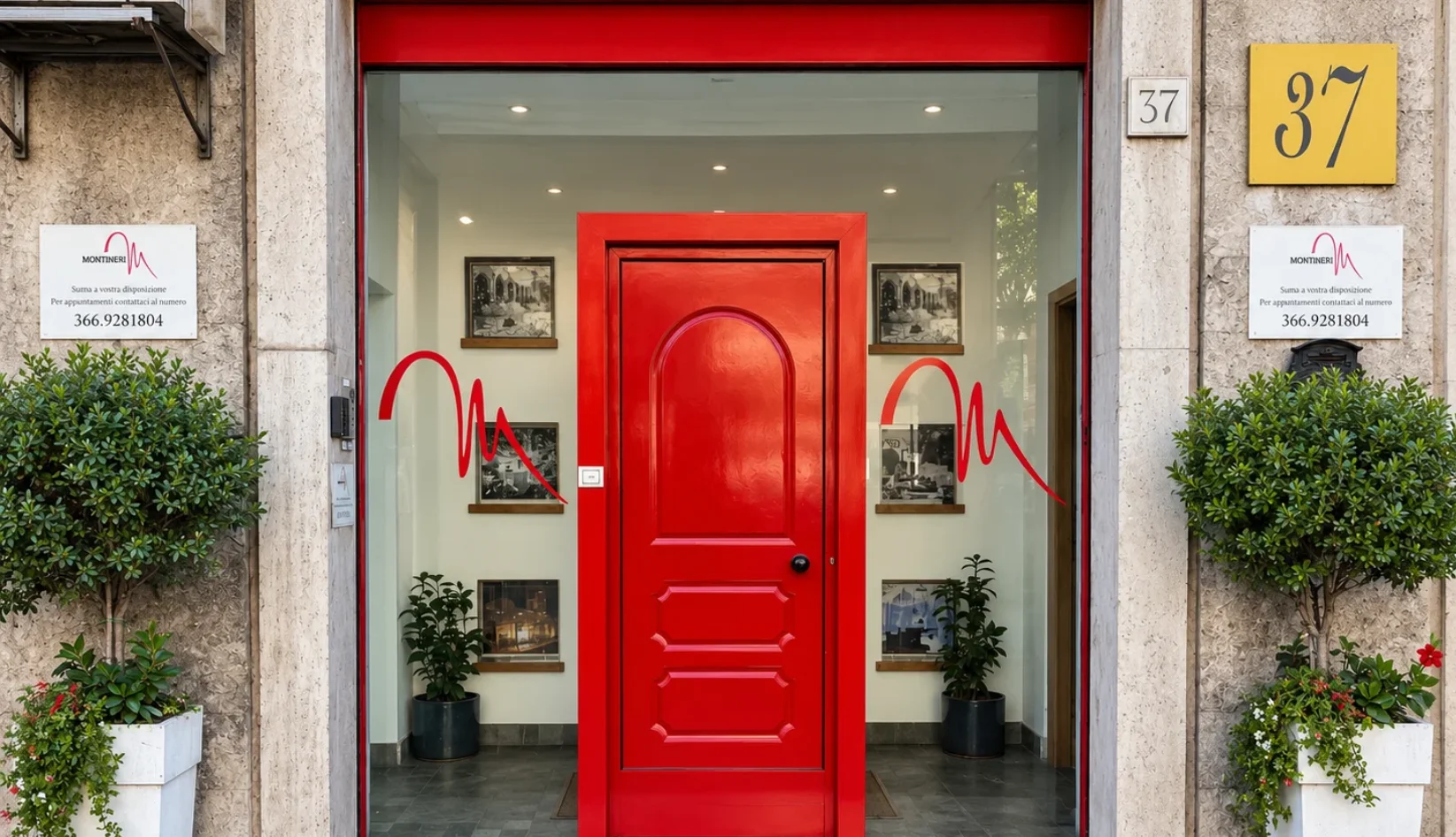 The entrance to Montineri, with the red door that sets it apart