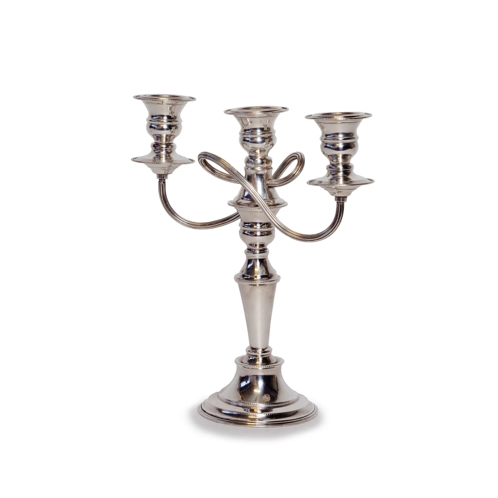 Candelabro argento fiocco base tonda - noleggio candelabri e bugie Montineri